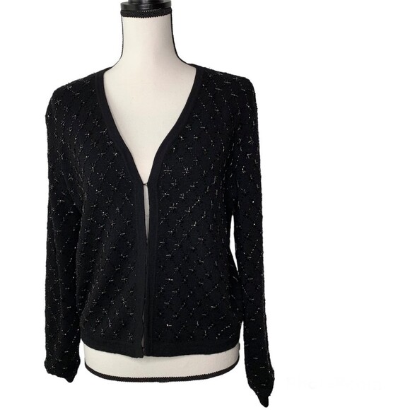 VINTAGE Ann Taylor Merino Wool Sequin Black Cardigan - Picture 3 of 10